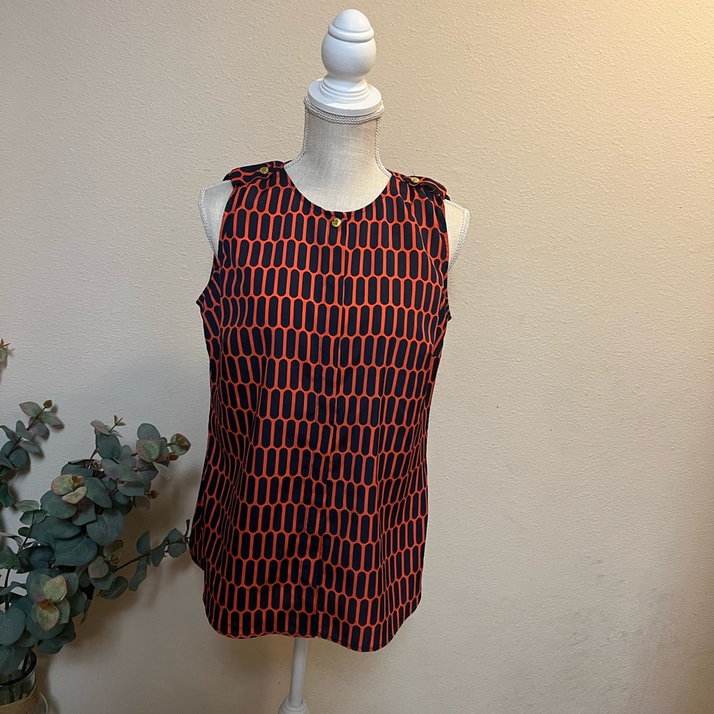 Michael Kors Button-Up Blouse Sleeveless Blue & Orange Size 8 Polyester